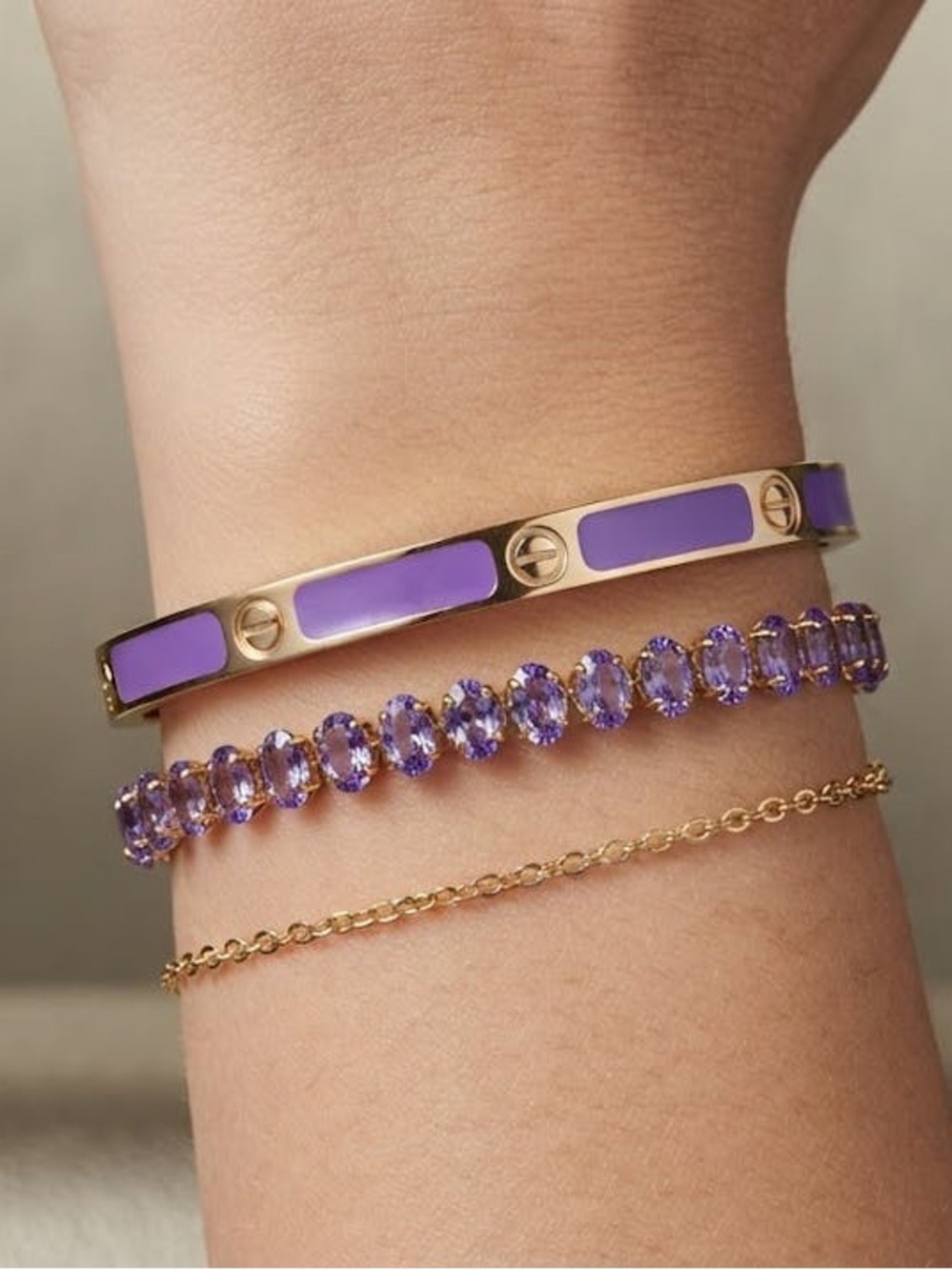 18K Gold Bracelet Stack with Purple Enamel and Amethyst Tennis Bracelet
